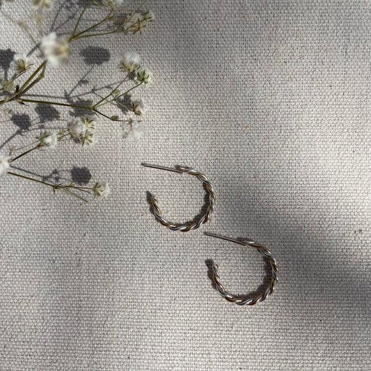 Sterling Silver and Solid 14k Gold Hand Spun Twisted Demi Hoop Earrings
