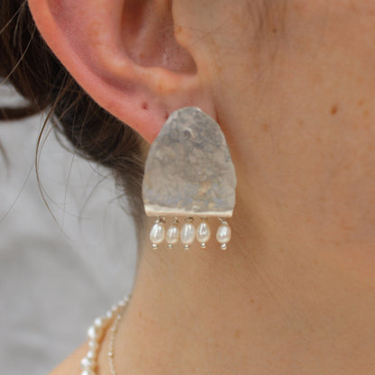 Hammered Forged Earrings with Pearls